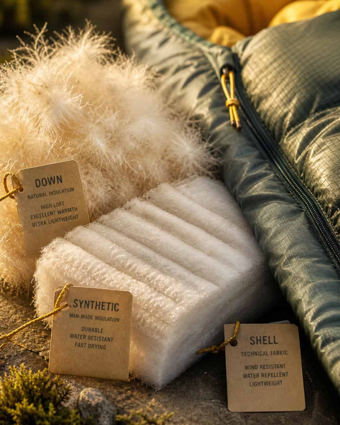 Macro-style close-up of fluffy down loft, layered synthetic insulation, and ripstop sleeping bag shell fabric with warm lemon highlights and crisp texture detail