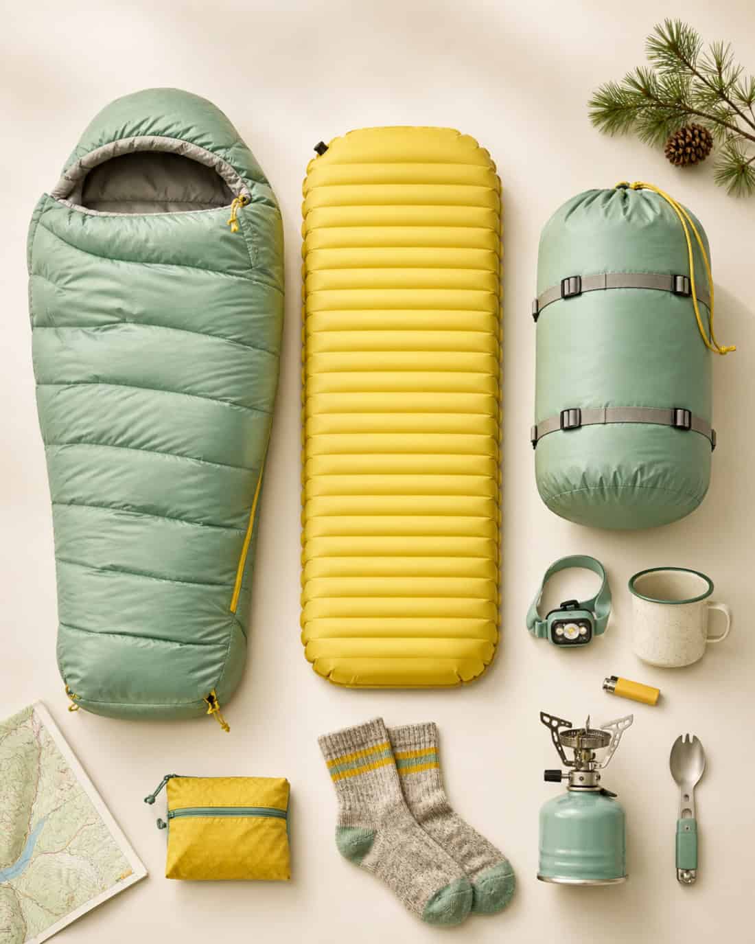 Overhead checklist-style arrangement of a sleeping bag, sleeping pad, storage sack, and small camping gear on a warm off-white surface with mint and lemon accents