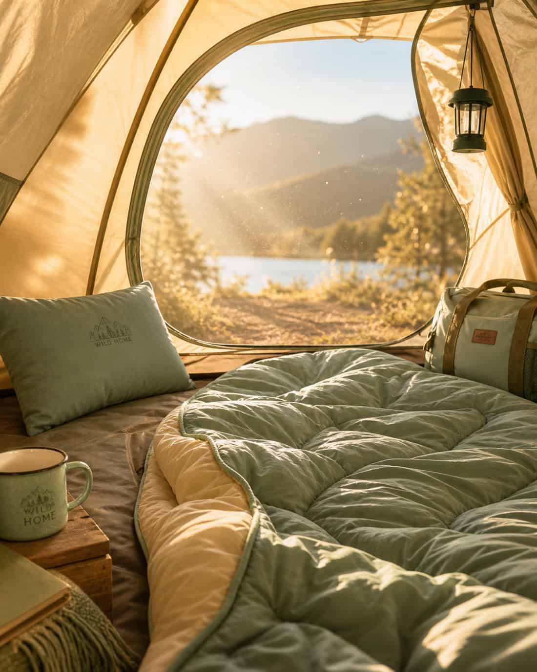 An unrolled mint-green sleeping bag inside a warmly lit tent, with morning sunbeams, soft dust motes, camp gear, and a lake view beyond the open doorway