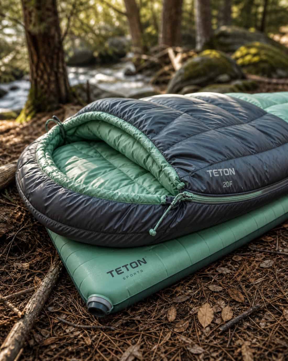 A mint-accented sleeping bag rests on top of a matching sleeping pad on the forest ground, lit by natural side light with pine needles, trees, and a soft-focus woodland backdrop.